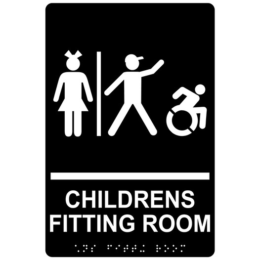 Black Braille CHILDRENS FITTING ROOM Sign with Dynamic Accessibility Symbol RRE-19946R_White_on_Black