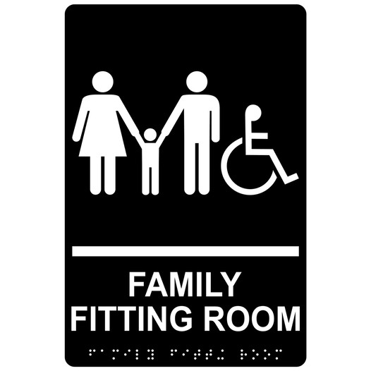 Black ADA Braille Accessible FAMILY FITTING ROOM Sign with Symbol RRE-19947_White_on_Black