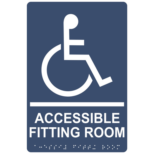Navy ADA Braille ACCESSIBLE FITTING ROOM Sign with Symbol RRE-19949_White_on_Navy