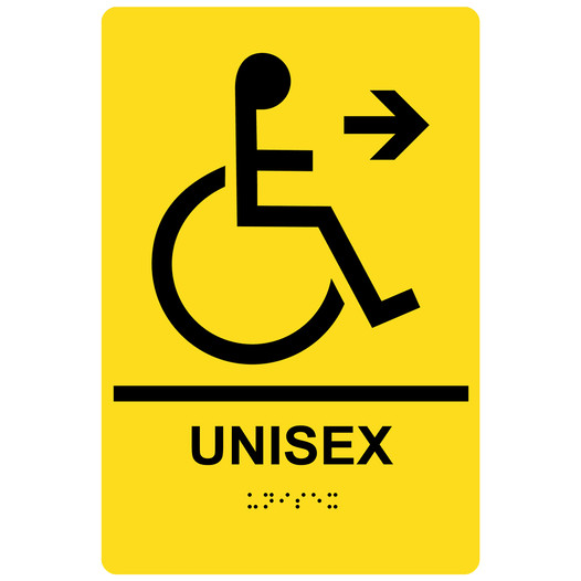 Yellow ADA Braille Accessible UNISEX Right Sign with Symbol RRE-35197-Black_on_Yellow