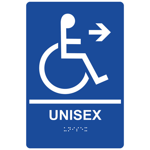 Blue ADA Braille Accessible UNISEX Right Sign with Symbol RRE-35197-White_on_Blue