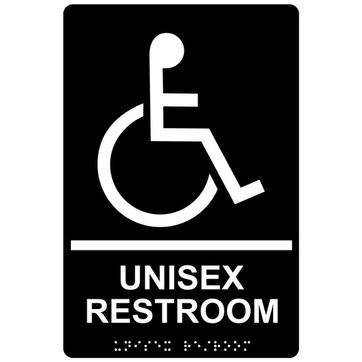Black ADA Braille Accessible UNISEX RESTROOM Sign with Symbol RRE-35199-White_on_Black
