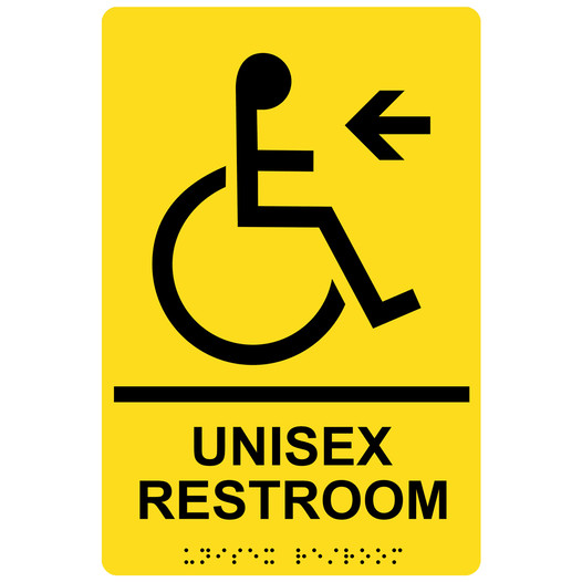 Yellow ADA Braille Accessible UNISEX RESTROOM Left Sign with Symbol RRE-35201-Black_on_Yellow