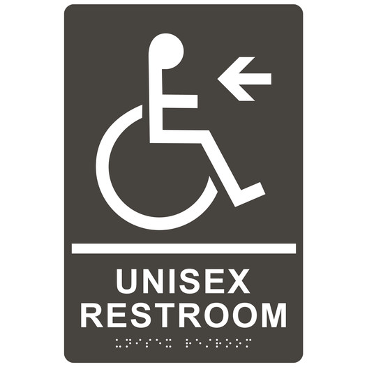 Charcoal Gray ADA Braille Accessible UNISEX RESTROOM Left Sign with Symbol RRE-35201-White_on_CharcoalGray