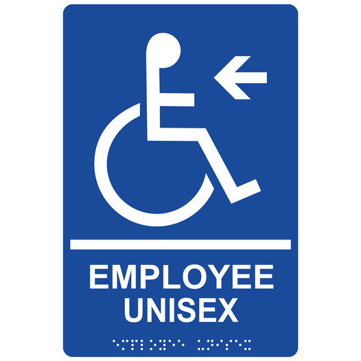 Blue ADA Braille Accessible EMPLOYEE UNISEX Left Sign with Symbol RRE-35204-White_on_Blue