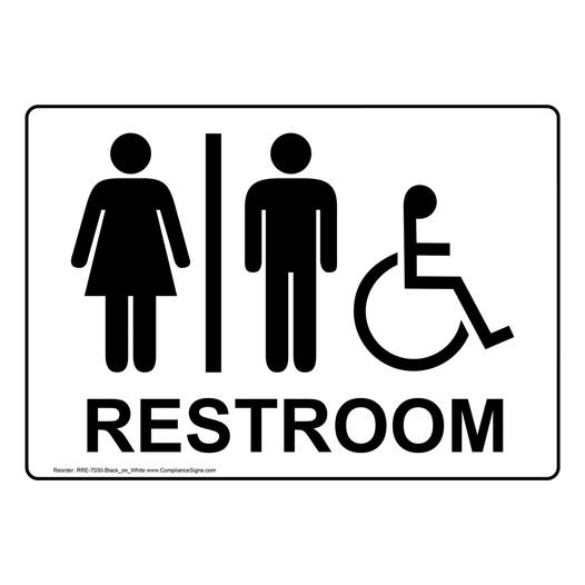 White Accessible Unisex RESTROOM Sign With Symbol RRE-7030-Black_on_White