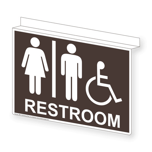 Dark Brown Ceiling-Mount Accessible Unisex RESTROOM Sign With Symbol RRE-7030Ceiling-White_on_DarkBrown
