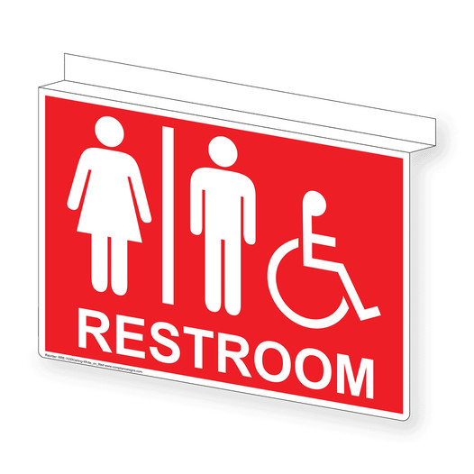 Red Ceiling-Mount Accessible Unisex RESTROOM Sign With Symbol RRE-7030Ceiling-White_on_Red