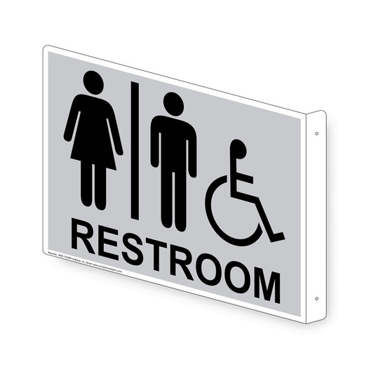 Projection-Mount Silver Accesible RESTROOM Sign With Symbol RRE-7030Proj-Black_on_Silver