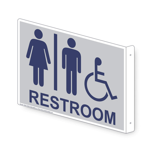 Projection-Mount Silver Accesible RESTROOM Sign With Symbol RRE-7030Proj-MarineBlue_on_Silver