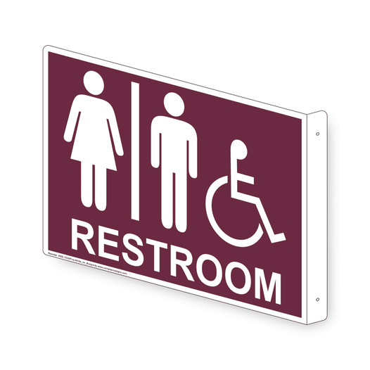 Projection-Mount Burgundy Accesible RESTROOM Sign With Symbol RRE-7030Proj-White_on_Burgundy