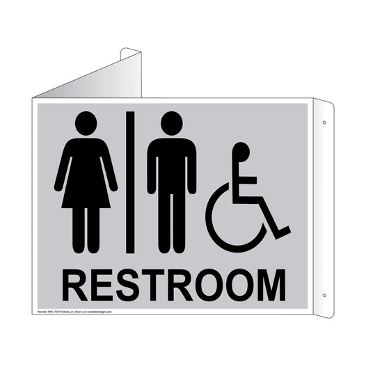 Silver Triangle-Mount Accessible Unisex RESTROOM Sign With Symbol RRE-7030Tri-Black_on_Silver