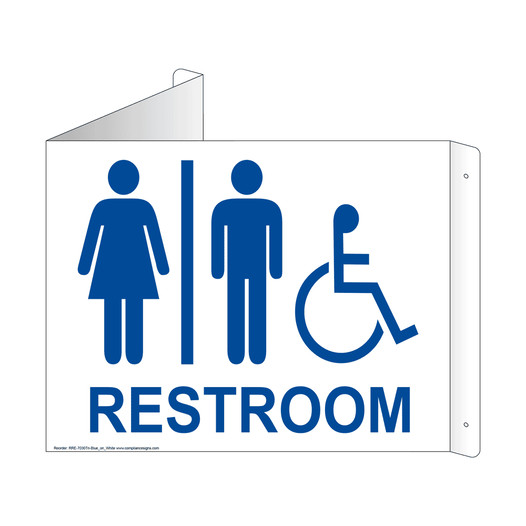 White Triangle-Mount Accessible Unisex RESTROOM Sign With Symbol RRE-7030Tri-Blue_on_White