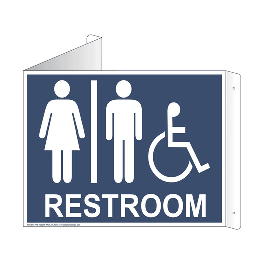 Navy Triangle-Mount Accessible Unisex RESTROOM Sign With Symbol RRE-7030Tri-White_on_Navy