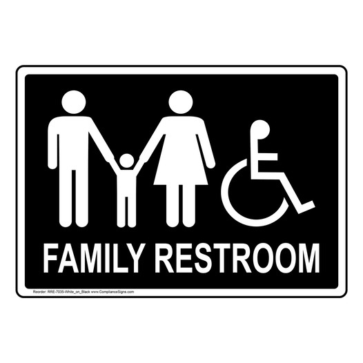 Black Accessible FAMILY RESTROOM Sign With Symbol RRE-7035-White_on_Black