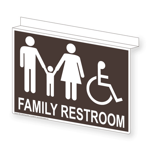 Dark Brown Ceiling-Mount Accessible FAMILY RESTROOM Sign With Symbol RRE-7035Ceiling-White_on_DarkBrown