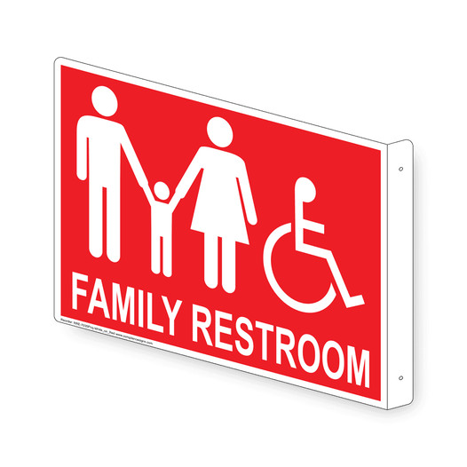Projection-Mount Red Accesible FAMILY RESTROOM Sign With Symbol RRE-7035Proj-White_on_Red