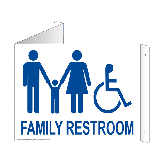 White Triangle-Mount Accessible FAMILY RESTROOM Sign With Symbol RRE-7035Tri-Blue_on_White