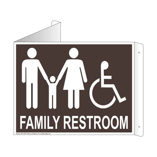Dark Brown Triangle-Mount Accessible FAMILY RESTROOM Sign With Symbol RRE-7035Tri-White_on_DarkBrown
