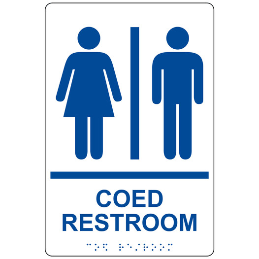 White ADA Braille COED RESTROOM Sign with Symbol RRE-810_Blue_on_White