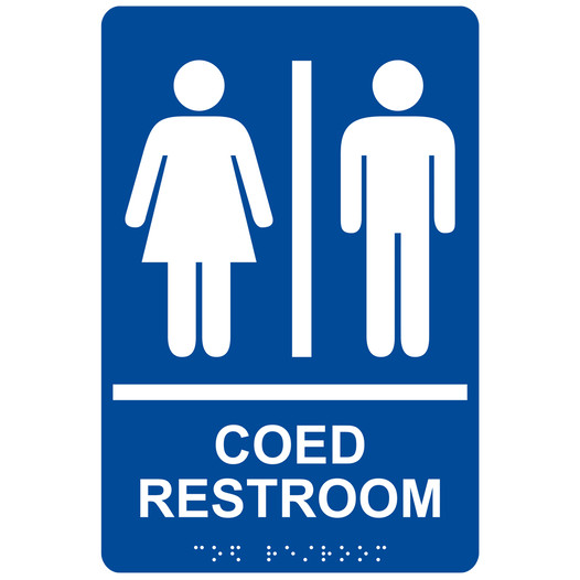Blue ADA Braille COED RESTROOM Sign with Symbol RRE-810_White_on_Blue