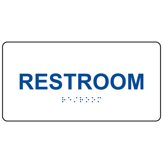 White ADA Braille Restroom Sign with Blue Tactile Text