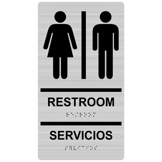 Brushed Silver ADA Braille RESTROOM - SERVICIOS Sign RRB-110_Black_on_BrushedSilver
