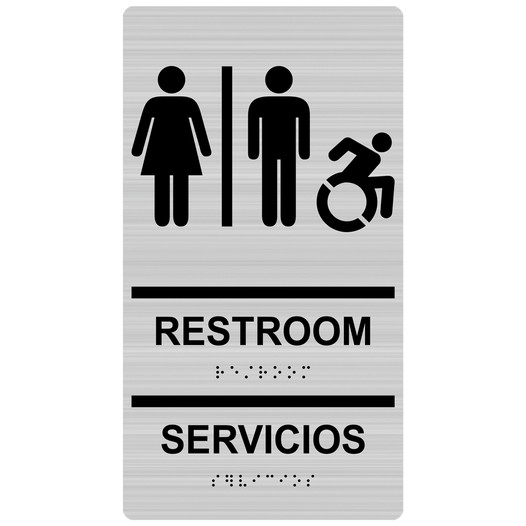 Brushed Silver Braille RESTROOM - SERVICIOS Sign with Dynamic Accessibiity Symbol RRB-120R_Black_on_BrushedSilver