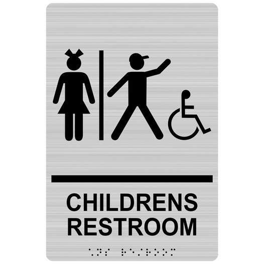 Brushed Silver ADA Braille Accessible CHILDRENS RESTROOM Sign with Symbol RRE-14782_Black_on_BrushedSilver
