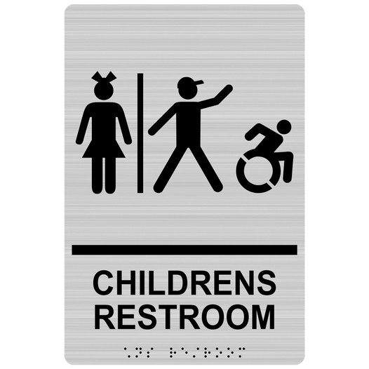 Brushed Silver CHILDRENS RESTROOM Sign with Dynamic Accessibility Symbol RRE-14782R_Black_on_BrushedSilver