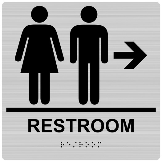 Square Brushed Silver ADA Braille RESTROOM Right Sign RRE-14817-99_Black_on_BrushedSilver