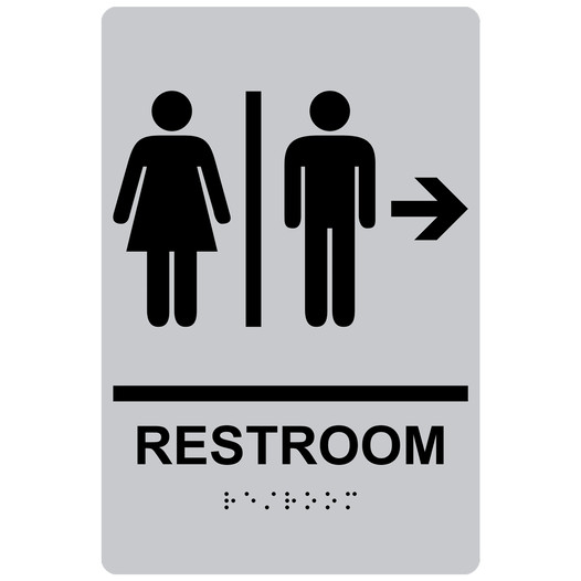 Silver ADA Braille RESTROOM Right Sign with Symbol RRE-14817_Black_on_Silver