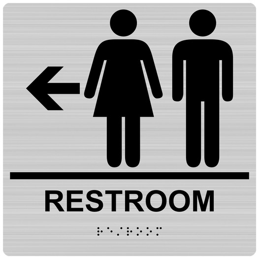 Square Brushed Silver ADA Braille RESTROOM Left Sign RRE-14818-99_Black_on_BrushedSilver