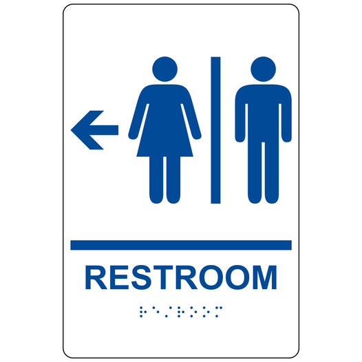 White ADA Braille RESTROOM Left Sign with Symbol RRE-14818_Blue_on_White