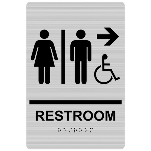 Brushed Silver ADA Braille Accessible RESTROOM Right Sign with Symbol RRE-14819_Black_on_BrushedSilver