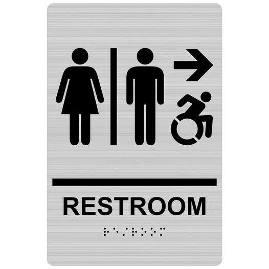 Brushed Silver Braille RESTROOM Right Sign with Dynamic Accessibility Symbol RRE-14819R_Black_on_BrushedSilver