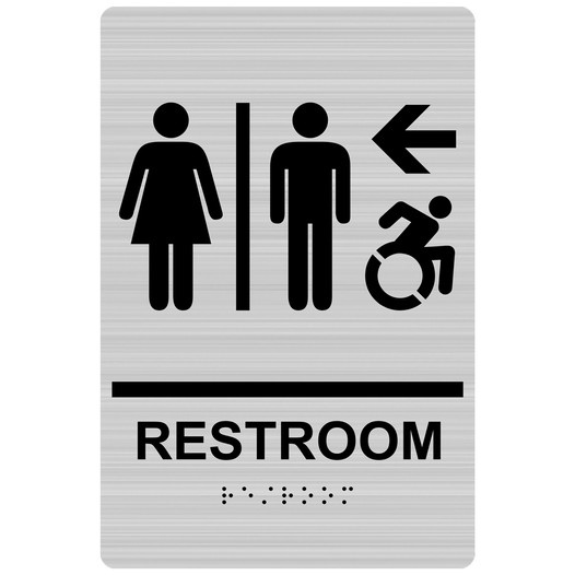 Brushed Silver Braille RESTROOM Left Sign with Dynamic Accessibility Symbol RRE-14820R_Black_on_BrushedSilver