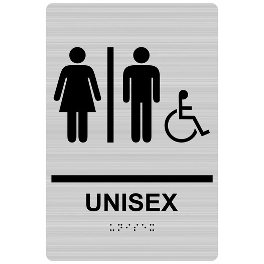 Brushed Silver ADA Braille Accessible UNISEX Restroom Sign with Symbol RRE-19618_Black_on_BrushedSilver