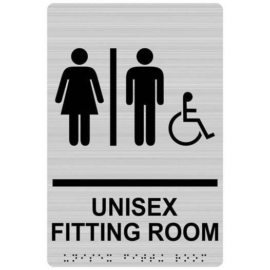 Brushed Silver ADA Braille Accessible UNISEX FITTING ROOM Sign with Symbol RRE-19941_Black_on_BrushedSilver