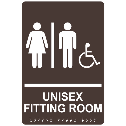 Dark Brown ADA Braille Accessible UNISEX FITTING ROOM Sign RRE-19941_White_on_DarkBrown