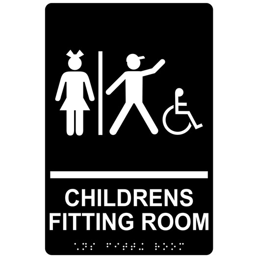 Black ADA Braille Accessible CHILDRENS FITTING ROOM Sign with Symbol RRE-19946_White_on_Black