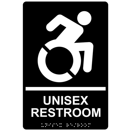 Black Braille UNISEX RESTROOM Sign with Dynamic Accessibility Symbol RRE-35199R-White_on_Black