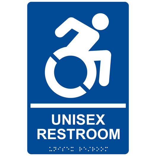 Blue Braille UNISEX RESTROOM Sign with Dynamic Accessibility Symbol RRE-35199R-White_on_Blue
