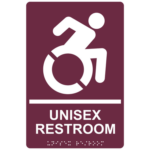 Burgundy Braille UNISEX RESTROOM Sign with Dynamic Accessibility Symbol RRE-35199R-White_on_Burgundy