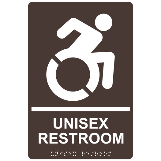 Dark Brown Braille UNISEX RESTROOM Sign with Dynamic Accessibility Symbol RRE-35199R-White_on_DarkBrown
