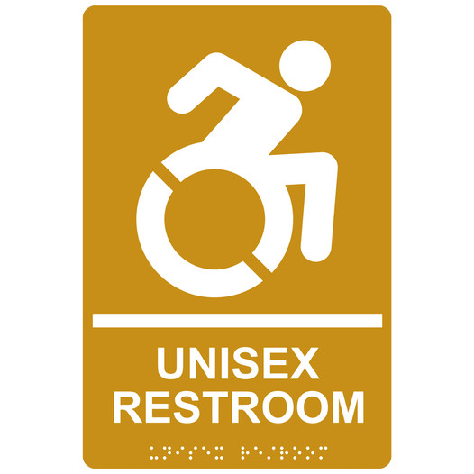 Gold Braille UNISEX RESTROOM Sign with Dynamic Accessibility Symbol RRE-35199R-White_on_Gold