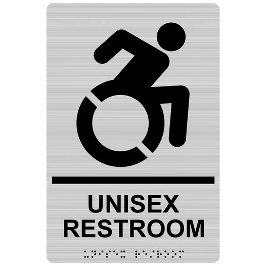 Brushed Silver Braille UNISEX RESTROOM Sign with Dynamic Accessibility Symbol RRE-35199R_Black_on_BrushedSilver