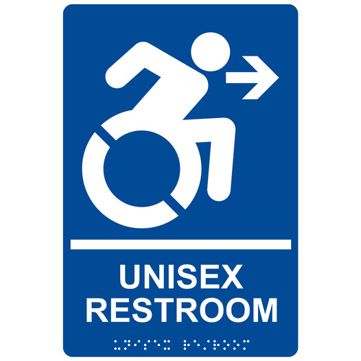 Blue Braille UNISEX RESTROOM Right Sign with Dynamic Accessibility Symbol RRE-35200R-White_on_Blue