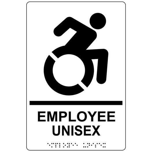 White Braille EMPLOYEE UNISEX Sign with Dynamic Accessibility Symbol RRE-35202R-Black_on_White