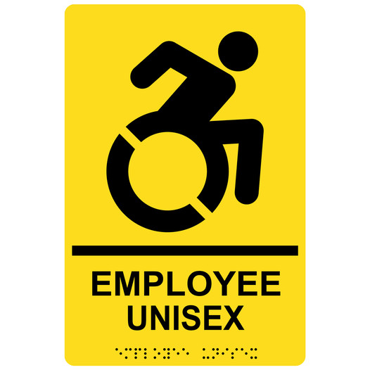 Yellow Braille EMPLOYEE UNISEX Sign with Dynamic Accessibility Symbol RRE-35202R-Black_on_Yellow
